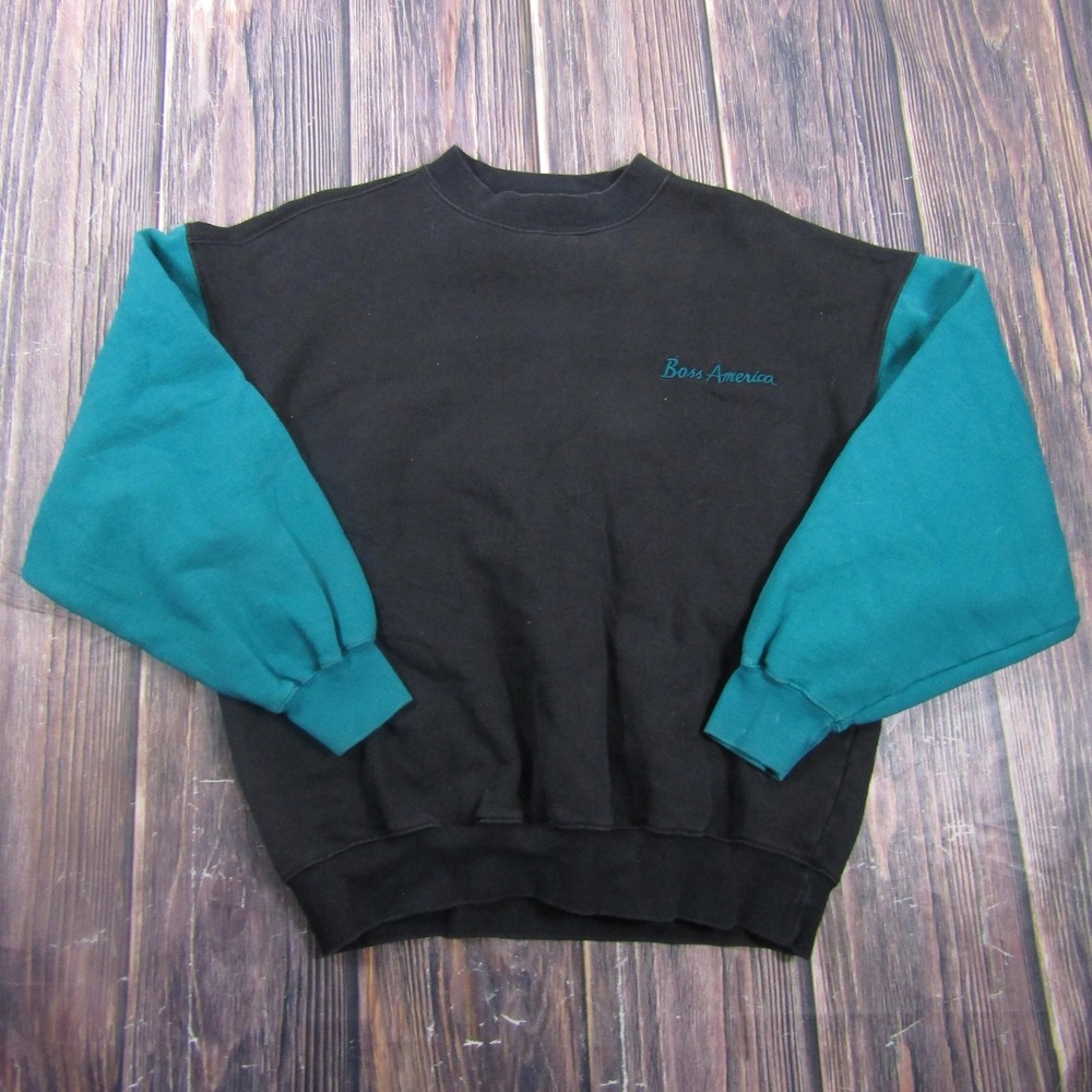 Vintage Boss America Sweatshirt Mens L Black Teal Fleece Crewneck Hong Kong